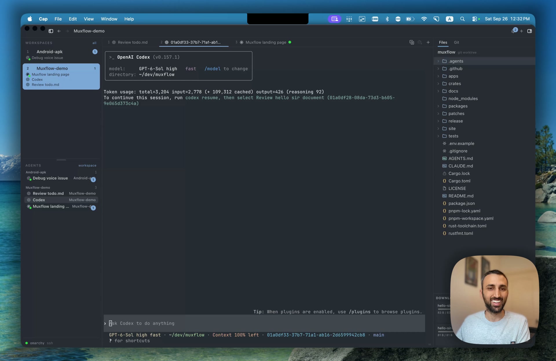 Muxflow on macOS attached to a remote host over SSH, with Codex running